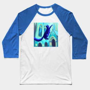 Blue Cat Jumps For Joy in Church Baseball T-Shirt